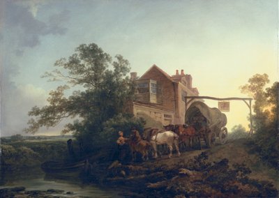 Wagen buiten een herberg door Philippe Jacques de Loutherbourg